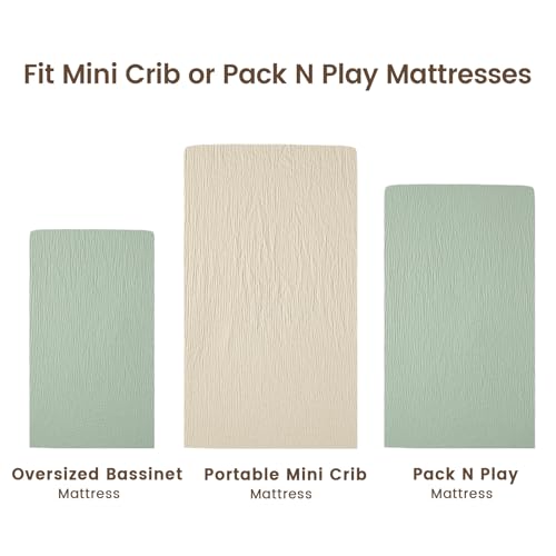 Image of david's kids Muslin Mini Crib Sheets, 2 Pack Cotton Pack N Play Sheets for Boys Girls Neutral, Soft Breathable Baby Sheets Fit Pack N Play, Playard and Mini Crib Mattresses, Oat Milk & Sage Green