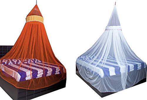 Creative Textiles Ceiling Hanging Mosquito Net I Machardani for Double Bed King Size I Polyster Canopy Circular Curtain for Bedroom I Keeps Away Insects and Flies - Orange+White