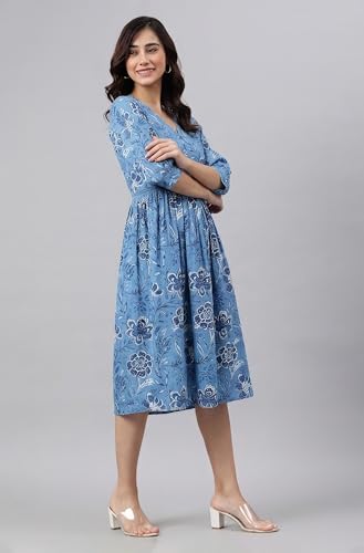 Image of Janasya Women's Cotton Solid Flared Dress