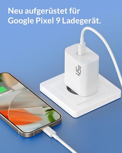 45W Ladegerät USB C Ladekabel für Google Pixel 10/9 Pro XL Fold, 9a/8/8a/7/6, Samsung Galaxy S25 S24 S23 Ultra, iPhone 17 16 15 Pro Max, Charger Schnellladekabel 2M + USBC Schnellladegerät Netzteil – Bild 5