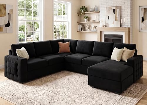 Image of HONBAY Sectional Sleeper Sofa with Pull-Out Bed Storage Chaise, 6 Seater Couch for Living Room, Black