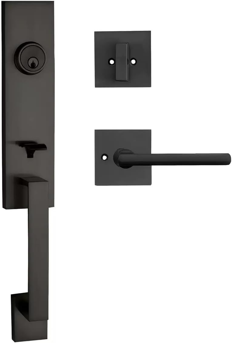 SUYA Front Door Handle Set，Single Cylinder Deadbolt Lock Set with Door Handle,Reversible for Right & Left,Entrance or Exterior,Matte Black Finish