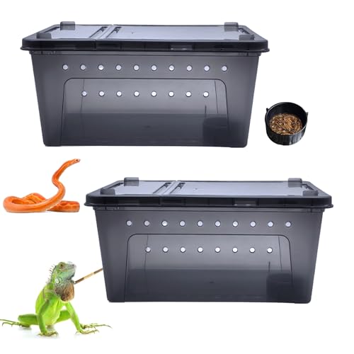 PINVNBY Reptile Enclosure Terrarium 2-Pack - 12.6"x8.7"x5.9" Multi-Purpose Transparent Plastic Habitat Cage for Gecko Scorpion Spider Snake Breeding Feeding & Cricket Keeper with Ventilated Lid, Black