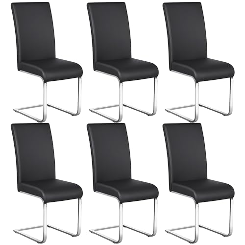 Yaheetech Chaise Salle à Manger Lot de 6 en Simili Cuir Fauteuil Rembourré Capacité 135 kg Chaise Hauteur Assise 50 cm Acier Chromé Noir