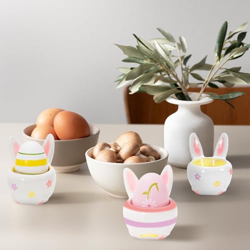 JarThenaAMCS Eierbecher aus Keramik, Set mit 4 bunten niedlichen Kaninchen, Porzellan-Eierhalter, Dekorationen, gekochte Kochutensilien, stabil, leicht zu reinigen, für Ostern, Frühstück, Party, Essen – Bild 6