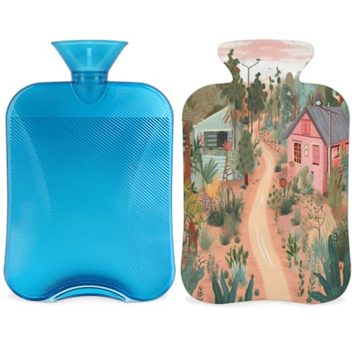 Hot Water Bottle with Soft Cover,2L Fantastic Village Hot Water Bag for Hot and Cold Compress, Hand Feet Warmer, Cartoon Village Rubber Hot or Cold Water Bottle Halloween Christmas Decorations