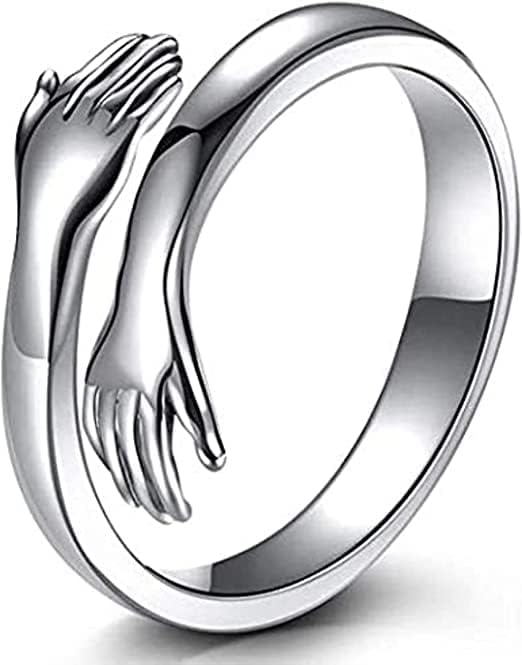 Hassan 925 Sterling Silver Hug Rings for Women Men, Hugging Hands Open Ring Wedding Bands Boy Girl Stacking Ring Xmas Birthday Valentines with Jewelry Gift Box (sliver)