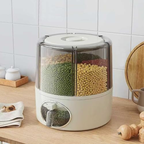 Récipient à céréales rotatif à 360° – Distributeur de riz transparent avec 6 compartiments et sortie en un clic, organisateur hermétique pour aliments...