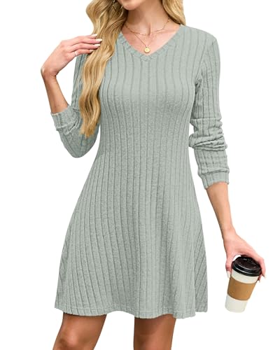 AUSELILY Strickkleid Damen Herbst V Ausschnitt Herbstkleid Elegant Pulloverkleid Langarm Casual Kleid Winter Olivgrün M