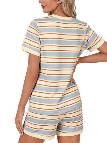 Image of LYANER Pajama Set for Women 2 Piece Lounge Set Striped Crew neck Short Sleeve Tops and Shorts Soft Sleepwear