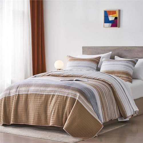 Colcha Queen a rayas blanco gris y caqui KAKIJUMN con funda 3