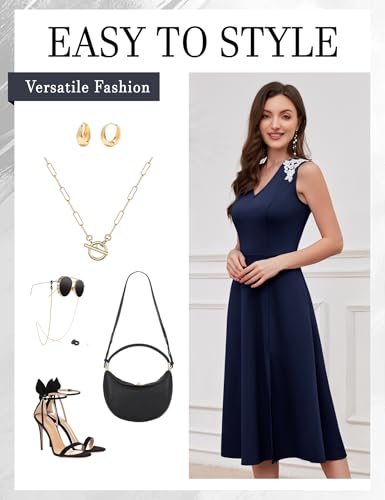 Image of Dressystar Sleeveless Cocktail Party Dress with Pocket 2025 Women V Neck Slit Tea Length Casual Dresses Work Wedding Guest