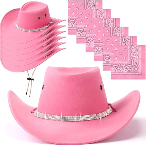 Hoosige 12 Pcs Western Cowboy Hats and Paisley Bandanas Sequin Trim Sparkly Halloween Accessory for Adults Women Men(Pink)