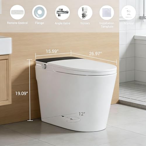 Inodoro inteligente ADA con tanque y bomba, apertura/cierre automático, asiento calefactable, lavado con agua tibia instantánea, secado con aire, sensor de pie y control remoto, luz LED blanca miniatura 2