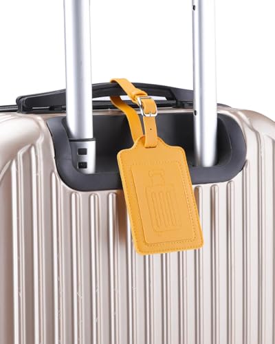 Image of Teskyer Luggage Tags, Thick & Durable, Easy to Identify, Privacy Protection, TSA Approved Travel Essentials Suitcase Tags - 4 Pack, Yellow