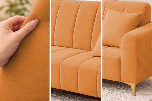 Image of Casaliving Velour Modern Velvet Sofa, Tufted Design Upholstered 3 Seater Sofa Set for Living Room, (Orange Colour) Premium Velvet Fabric Sofa