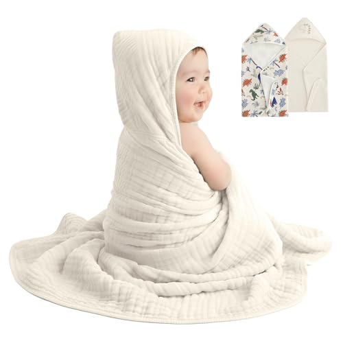 Image of david's kids 2 Pack Hooded Baby Towels, Large 32 inchx32 inch, 6 Layer 100% Muslin Cotton Highly Absorbent Boy Bath Towel for Newborn, Infant and Toddler, Soft and Breathable Baby Essentials, Dinosaur Story