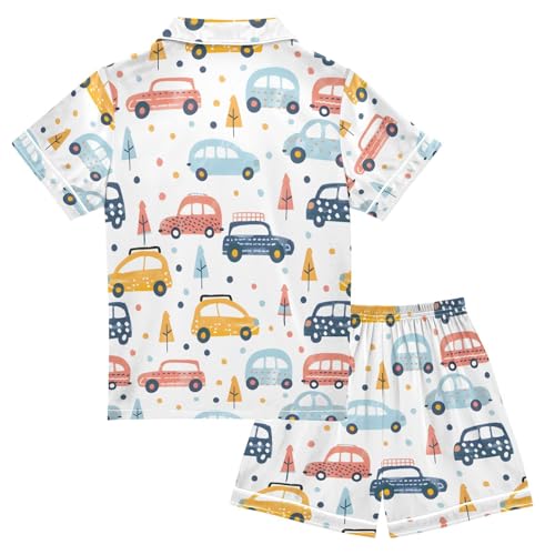 ALAZA Cartoon Car Polka Dot Tree Pajamas Satin Pajama Set Short Sleeve Button Down Sleepwear2