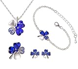 [Phoenix] 四つ葉のクローバー ネックレス ＆ ブレスレット ＆ ピアス ＆ ブローチ 計 4種セット ジュエリー ファッション アクセサリー レディース 合金 人工水晶 エレガント 幸せな 幸運 四つ葉 クローバー フラワー (ブルー)