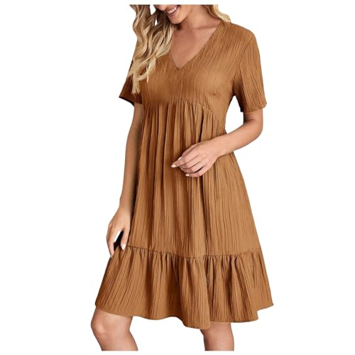 Robe chemise boutonnée à col en V unie et manches courtes style casual chic