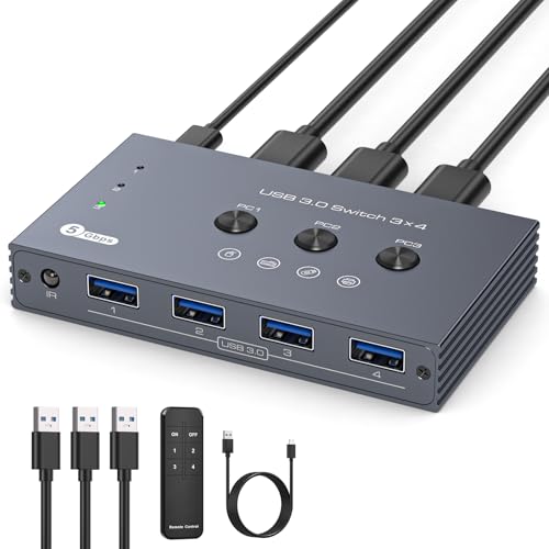 Image of THXCDBID USB 3.0 Switch 3 Computers Sharing 4 USB-A Port USB Switch Selector 5Gbps Sharing Keyboard Mouse Printer Scanner Includes 3 USB 3.0 Input Cables and IR Remote Control