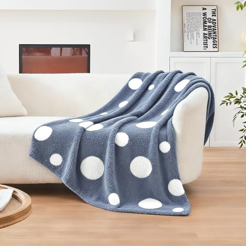 Image of CozeCube Reversible Knitted Throw Blanket,Dusty Blue White Polka Dot60 x80