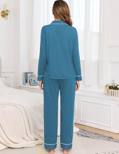 Image of Veseacky 100% Cotton Women's Pajama Set Long Sleeve Button Down Sleepwear Soft Pjs Lounge Sets Nightwear Pjs XS-XXL