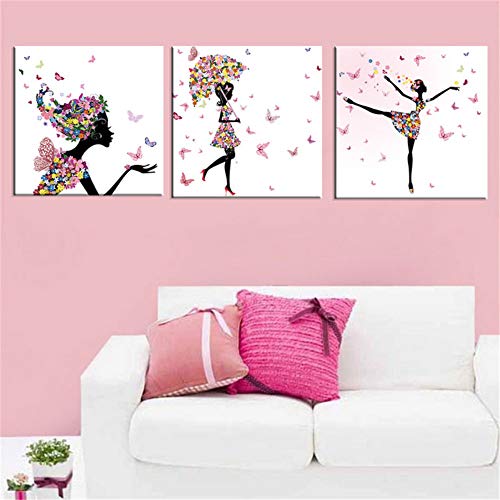 LIXB Wall Art Decor Home Room 3 Piezas Paraguas Mariposa y Bailarina Cuadro en Lienzo Póster Modular Impresiones en HD Pintura, 35x50cmx3, Sin Marco