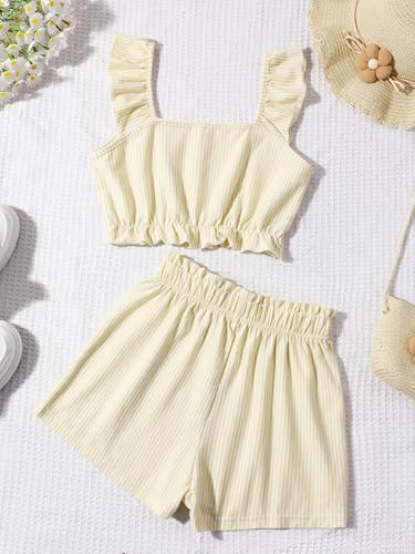 Image of Girl's Summer Clothing Sets Knit Ruffle Striped T-Shirt and Shorts 2 Piece Outfits
