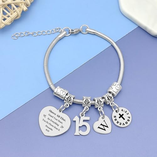 Image of 15th Birthday Gifts Bracelet Initial Gifts for Girls Christian Bracelet Happy 15th Birthday Gift for Daughter Granddaughter Son Letter A-Z Gift Bible Verse Gifts Inspirational Gift for Niece Friends