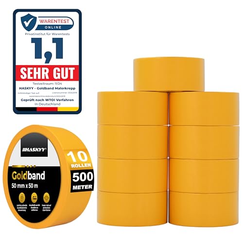 HASKYY Goldband Malerkrepp Kreppband 10x Malerband 50mm x 50m Profi Abdeckband Malertape Klebeband Washi Tape Gold Papiertape Selbstklebend