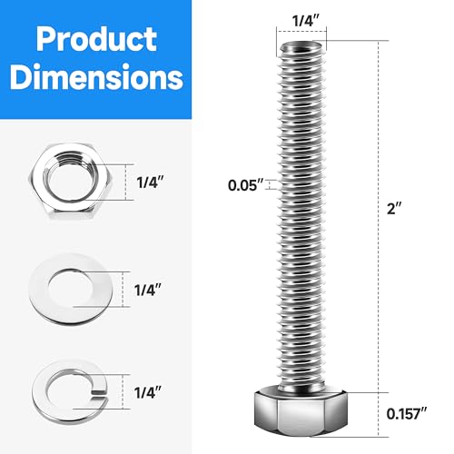 Image of (12 Sets) 1 /4-20 x 2 Hex Head Screws Bolts and Nuts Kit with 1 /4-20 Bolt, 1 /4-20 Nuts, Flat & Lock Washers, Fully Threaded, 1 /4 20 Stainless Steel Bolts, Bright Finish by Marysino