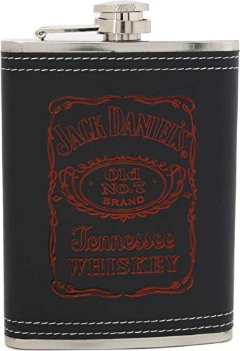 Generic Stainless Steel and Stitched Leather Hip Flask 7 Oz (206 Ml), Golden Word Printed Alcoholic Beverage Holder, Black