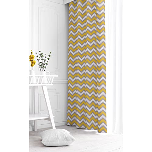Image of HOMEMONDE Chevron Cotton Curtain for Windows Living Room Bedroom Hand Block Prints, 1 Piece, Yellow - 5 Feet