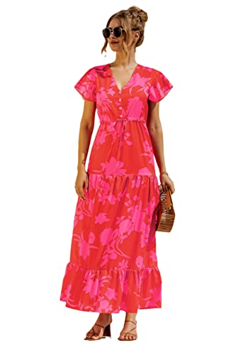 Robe longue bohème fleurie femme manches courtes col V S