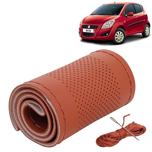 Image of KINGSWAY PU Leatherite Car Steering Cover Sewable Compatible with Maruti Suzuki Ritz (Year 2009-2015), Tan Color with Tan Thread, Pack of 1 with Sewing Needle and Thread