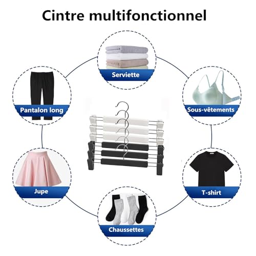 LATRAT Lot de 10 Cintres pour Pantalon, Cintres Porte-Jupes, avec 2 Clips réglables antidérapants, Crochets pivotants à 360,pour Pantalons Jupes Chaussettes sous-Vêtements, Noir – vue 5