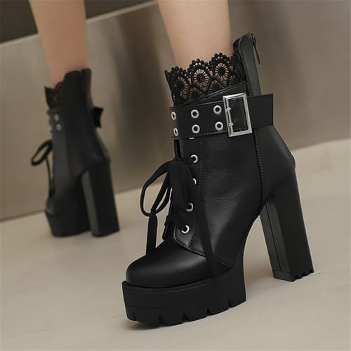 Image of FOREADA Goth Boots Chunky Heel Boot For Women Ankle Combat Booties Black Platform Bootie Buckle Rivets Punk Goth Shoes With Zipper