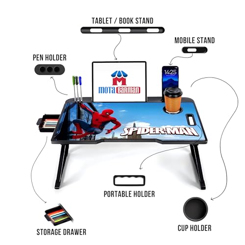 Image of Foldable Wooden Laptop Bed Tray Table, Multifunction Lap Tablet Desk with Cup Holder, for Eating Breakfast, Reading Book, Working, Watching Movie on Bed (Spiderman)