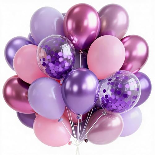 Image of PartyWoo Pink and Purple Balloons 65pcs 12 Inch Baby Pastel Light Metallic Pink Light Purple Lavender Lilac Confetti Balloons for Baby Shower Princess Butterfly Birthday Party Decorations