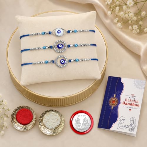Image of Oblivion 3 Rakhi Combo for Bhaiya, Circle Bead, Big Diamond and War Eye Handmade Threads with Roli Tikka, Silver Color Pooja Coin & Greeting Card | Fancy Rakshabandhan Festive Gift Set, Pack of 6