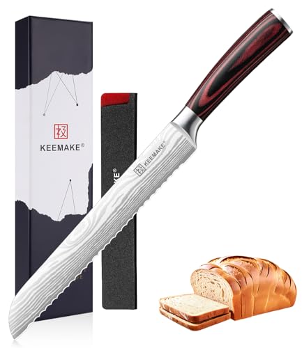 KEEMAKE Couteau Cuisine à Pain 20 cm, Couteau a Pain Professionnel avec Fourreau de Lame, Couteaux de Cuisine en Acier Inoxydable pour Boulangerie