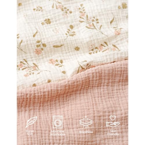 Image of Konssy Muslin Mini Crib Sheets, 100% Soft Cotton Pack and Play Sheets for Pack N Play Mattress, Playard Baby Crib Sheets for Baby Girls (Floral, Pink)