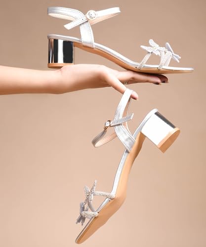Image of JM LOOKS Butterfly Heels Heeled Sandals Rhinestone Crystal Butterflies Heels Open Round Toe low Block Heels 2 Inch Women's Ankle Strap Shoes