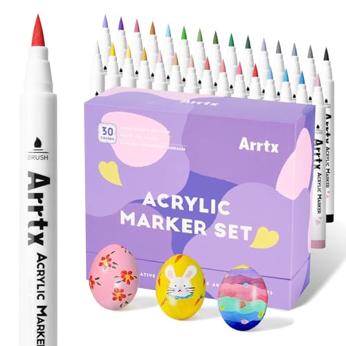 Image of Arrtx 30 Colored Acrylic Pens Extra Brush Tip, Water Based Ink Markers for Painting Rocks, Glass, Easter Eggs, Wood and Fabrics, Non-Toxic, Odor Free