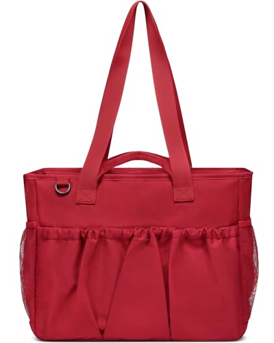 Red XL School Tote Bag for Women with Laptop Compartment, Zipper, Pockets, Water Resistant, Shoulder Strap and Cup Holder2