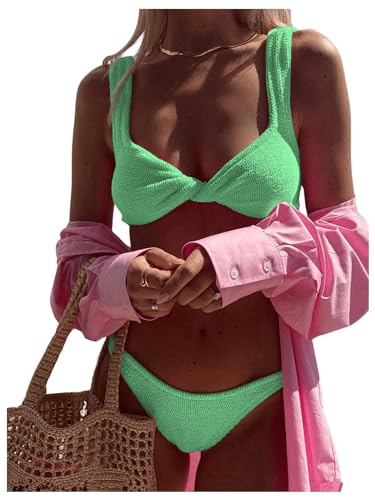 SOLY HUX Bikini Sets for Women Twist Front Swimsuit Two Piece Bathing Suits Solid Green Large