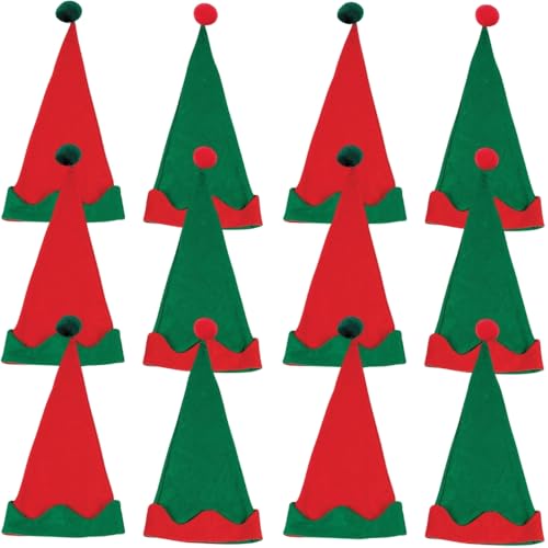 Christmas Elf Hats - Set of 12 Green and Red Hats - Holiday Costumes and Apparel Accessories