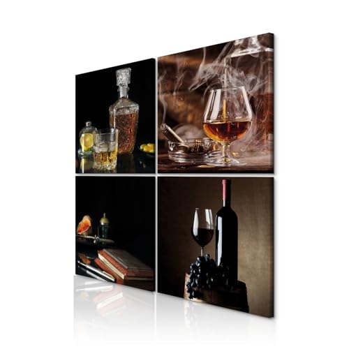 decomonkey - Impression sur Toile Intissé Le Vin Whisky 80x80 4 Pièces - Tableau Décoration Appartement Cadre en Bois Déco Salon Peinture sur Toile Maison...