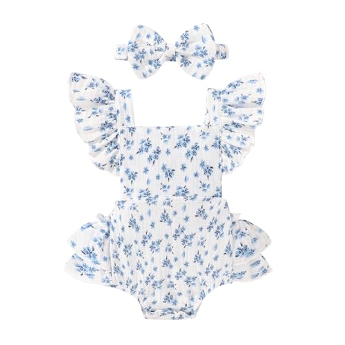 Image of Happy Town Baby Girl Clothes Toddler Summer Linen Romper Sleeveless Ruffle Outfits Infant Girls Jumpsuit with Headband